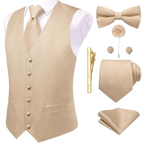 Hi-Tie Champagne Men Vest Tie Bowtie Handky Solid Vest for Wedding Party