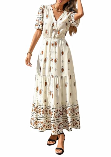 PRETTYGARDEN Womens Summer Boho Maxi Dress 2026 Trendy Short Sleeve V Neck Flowy Beach Floral Dresses with Pockets (Apricot,Medium)