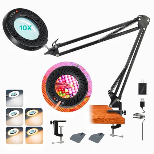 10X Magnifying Glass with Light,Real Glass 5 Color Modes Stepless Dimmable Lighted Magnifier,Upgrade Button Real Glass Lens Magnifier lamp with Light and Stand for Close Work,Reading,Hobbies, Crafts.