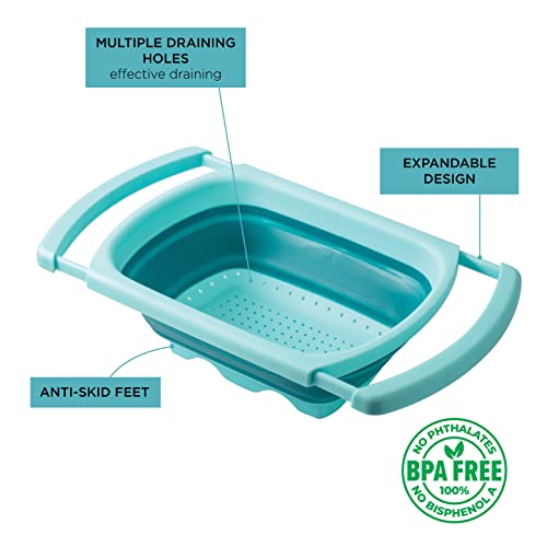Collapsible Colander With Extendable Handles - Durable Kitchen Over The Sink Collapsible Strainer To Drain Pasta, Vegetables And Fruits -Foldable Space Saving Design - By Social Chef (Rectangle Mint) #TOP1