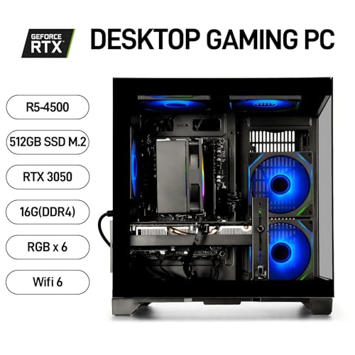 Image of Gaming Desktop PC - Ryzen 5 4500, GeForce RTX 3050, 16GB DDR4 RAM, 512GB NVMe SSD, WiFi 6 - Desktop for Gaming, Streaming, School, Home Office & Everyday Use