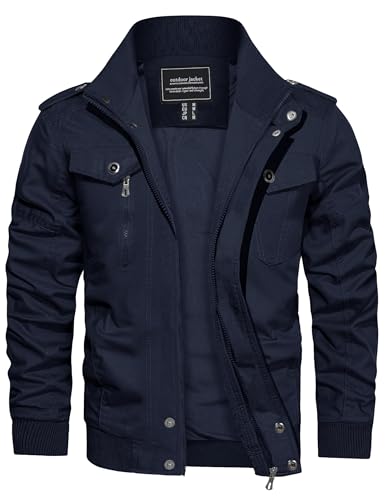 CRYSULLY Men's Cotton Military Jacket Lightweight Casual Windbreaker Stand Collar Bomber Jackets Coat with Multi Pockets