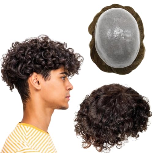 Toupet Perruque en cheveux humains pour homme, avec cheveux en polyuréthane doux, ondulée, 10 mm x 8 (#2 marron foncé)