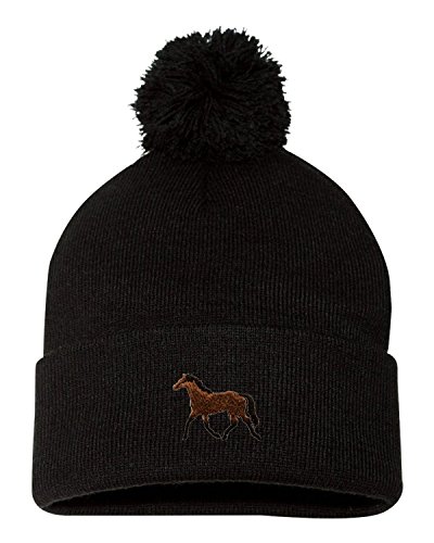 Go All Out One Size Black Pom Horse Embroidered Knit Beanie Pom Cap