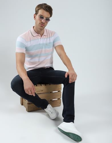 Image of Monte Carlo Mens Cotton Blend Regular Fit Polo T-Shirt | Half Sleeve | Striped Pattern| Casual Everyday Wear | Stylish & Comfortable Tshirt