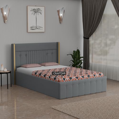 Image of Solid Wood Upholstered Single Bed for Bedroom with Storage | Premium Fabric with Button Tufted Headboard | Wooden Single Cot /Palang for Home | Modern Single Bed | Light Grey