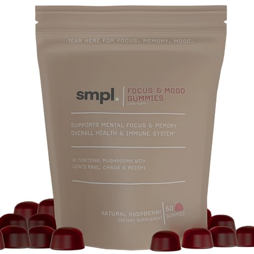 smpl. Focus & Mood Mushroom Gummies - World's BEST Daily Mushroom Gummy - 10 Mushroom Blend with Chaga, Lions Mane, Reishi - Boost Your Focus, Energy, Immunity, Mood - 60 Gummies