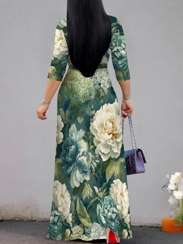Image of Plus Size Dresses for Women Floral Print Maxi Dress Flowy 3 /4 Sleeve with Belt