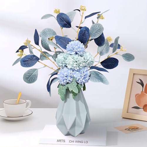 Image of Combo Set of Modern Geometric Vase and Premium Handmade Realistic Artificial Flower Bouquet for Living Room, Bedroom, Office & Gifting (Light Green & Blue)