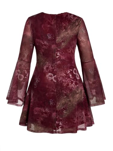 Image of BEAUDRM Women's Y2k Hippie Vintage Boho Dress Leopard Bell Long Sleeve V Neck Bow Mesh Goth Mini Dresses