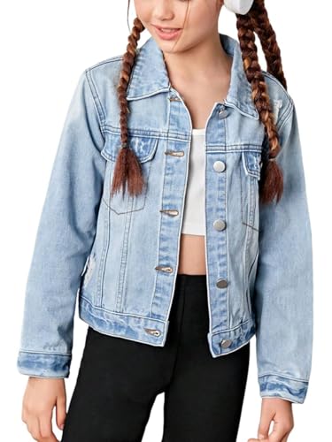 WDIRARA Girl's Ripped Flap Pocket Button Front Long Sleeve Collared Denim Jacket