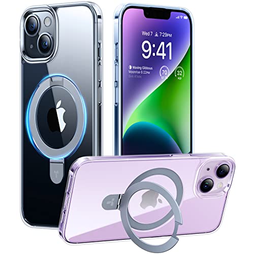 TORRAS Magnetic Shockproof for iPhone 13/14 Case, [Exceed 3X Mil-Grade Drop Protection][Compatible with MagSafe] Built-in Foldable Stand Slim Yet Protective Phone Cover, Clear