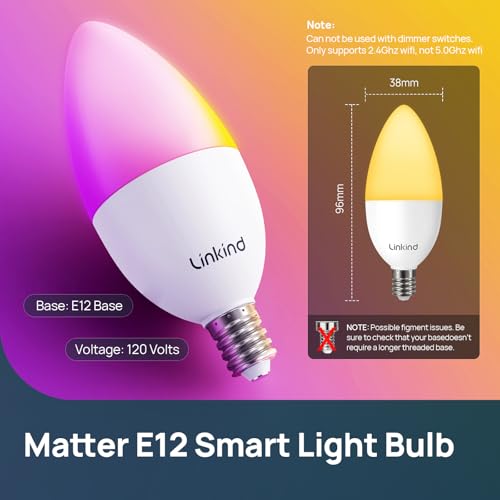 Linkind Matter Smart Bulbs, E12 Led Bulb Works with Alexa, Smart Light Bulbs, AiDot WiFi Candelabra Bulbs, RGBTW Color Changing Light Bulb, 2.4Ghz Only, 470 LM, 2 Pack