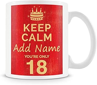 18th Birthday Gift for Men - Personalised Mug/Cup - Add Name - Keep Calm Design - Blue