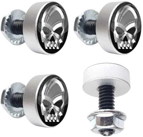 4 Silver Motorcycle Metallic Skull License Plate Frame Fasteners Tag Bolt Screws Style-9856-5337