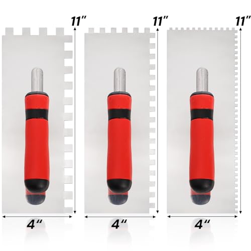 Peohud 3 Pcs Notched Tiling Trowel, Stainless Steel Square Flat Notched Finishing Concrete Trowel for Tile Cement Drywall Plastering Wall Floor Tiling Installation, Masonry Hand Tool Kit,12mm|8mm|4mm by Peohud - Used condition - Image 2