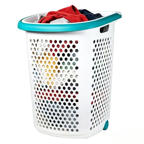 Image of Heavy-Duty Plastic Wheeled Rolling Laundry Basket with Pop-Up Wide Handle, Ventilated Design, Easy to Clean, Spacious 70.52 Liters (2 Bushel), Large Capacity for Families, Dormitories, Laundry Rooms