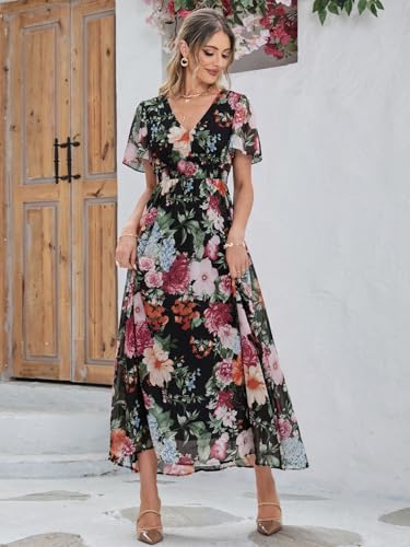 Image of Simplee Women's Boho Floral Maxi Dress Flowy Casual V Neck Short Sleeve Wedding Guest Holiday Beach Long Dress