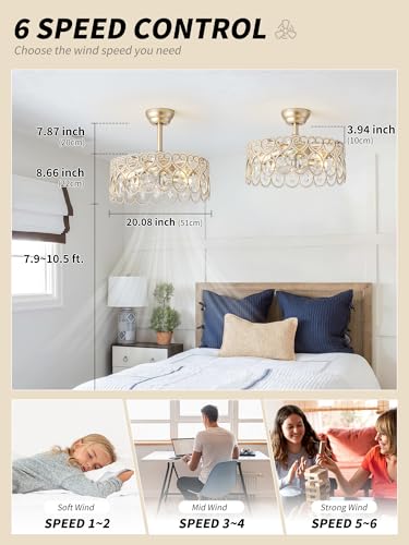 Image of SYDACG 20 inch Gold Crystal Fandelier Ceiling Fans with Lights, Gold Chandelier Ceiling Fan with Light Remote Control, Mid-Century Modern Caged 6 Speeds for Bedroom, Nursery, Foyer, Living Room