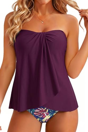 Image of Tempt Me Two Piece Tankini Bathing Suits for Women Halter Bandeau Swim Top with Bottom Flyaway Tummy Control Swimsuit