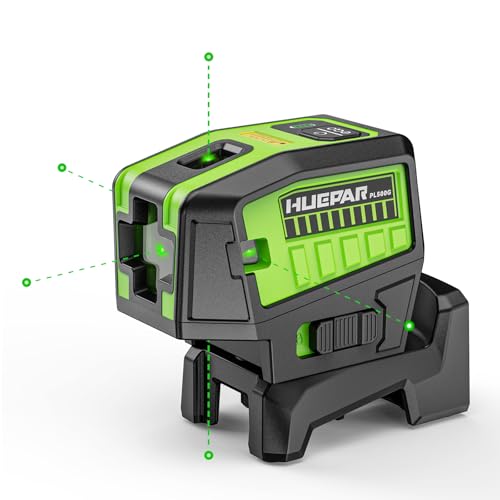 HUEPAR 5 Point Self Leveling Laser Alignment Tool with Plus Mode (98-165Ft), Laser Plumb Dots Level with 360° Magnetic Base Includes 2 AAA Batteries & Hard Carrying Case - PL500G