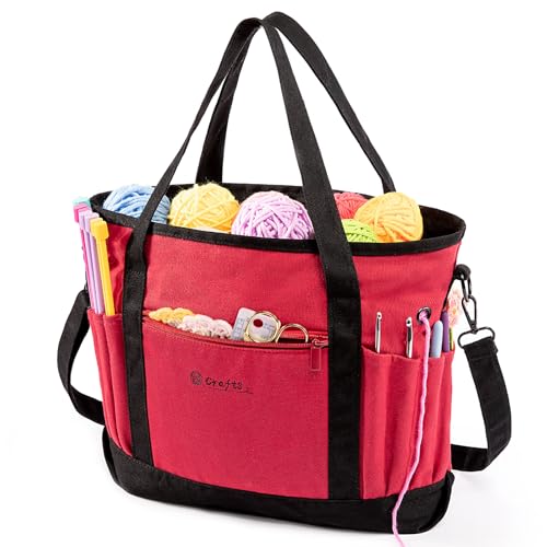 Image of Canvas Yarn Storage Organizer Bag Washable Crochet Bag with Pockets for Yarn, Hooks, Needles - Travel Knitting Tote for Crafters - Gift for Crocheters & Knitters (Medium /Large)