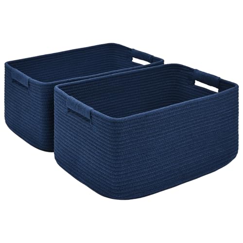 2 Pack Large Storage Basket for Organizing, 17.5"x13"x7" Woven Basket for Shelves, Closet Cube Storage Bins with Wrapped Handle, Cotton Rope Baskets for Kitchen, Clothes, Toys(Navy Blue)