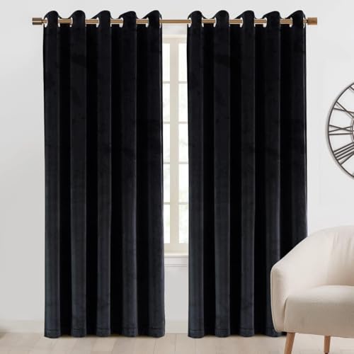 Imperial Rooms Black Crushed Velvet Curtains 66x54 Super Soft Fully Lined Blackout Window Curtains for Living Room 2 Panels with Matching Tie Backs (168cm x 137cm)