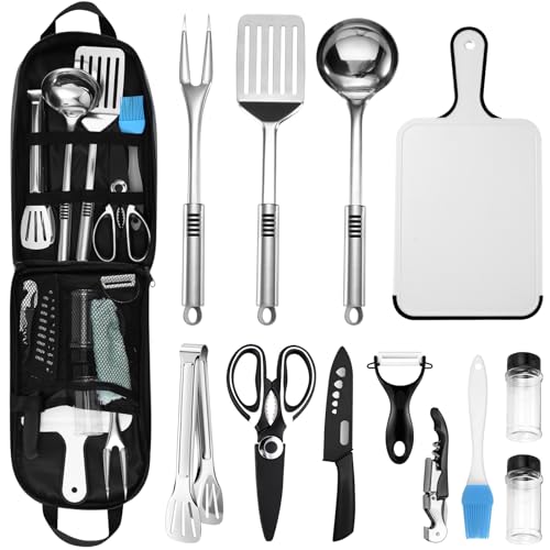 Odoland 14pcs Camping Kitchen Utensils Set, Portable Outdoor Cooking Utensil Mess Kit with Water Resistant Organizer Case for Backpacking BBQ Camping