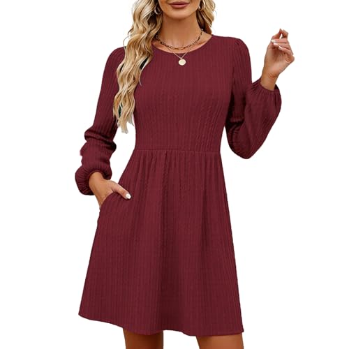 GRMLRPT Damen Langarm Rundhals Pulloverkleid Elegant Knielang Herbstkleid Casual Kleid Herbst Winter A Linien Bequem Midikleid(Rot,L)