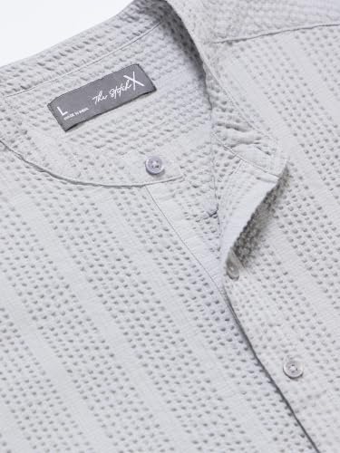 Image of StitchX Men's Seersucker Band Collar Pure Cotton Striped Kurta Shirt-S-2XL