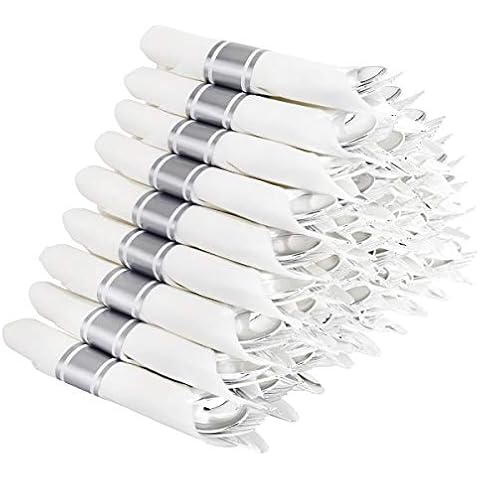 Supernal 60 Pack Silver Plastic Silverware,Pre Rolled Silverware,Premium Disposable Silver Cutlery,Suit for Wedding,Catering Event,Birthday,Party Cover