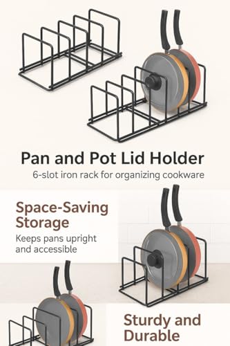 Image of Craft Expertise 6-Slot Pan & Pot Rack Organizer with Lid Holder - Adjustable Countertop Cookware & Plate Stand, Space-Saving Iron Kitchen Cabinet Organizer, Black (17 inch x 7 inch x 6 inch)