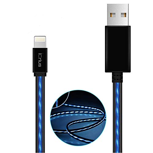 Phone Cable, iCrius Powerline 4ft Visible Flowing LED Light USB Cable Charging&Sync Data Cords for Phone X / 8/7/ 7 Plus/ 6/6 Plus/ 6s/ 6s Plus/ 5/ 5s/ SE/Pad/Pod/Beats Pill More 1.2M(Blue)