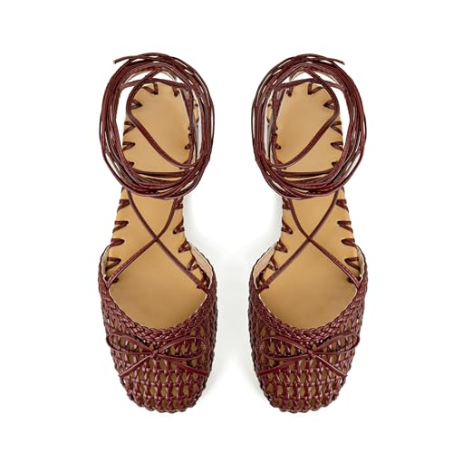 Image of Woven Ballet Flats for Women Lace Up Closed Square Toe Summer Sandals Dressy Shoes