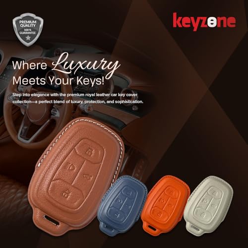 Image of Keyzone Royal Leather Key Cover for Tata Nexon, Harrier, Safari, Altroz, Punch, Tigor 4 Button smart Key (Sunburst Orange)