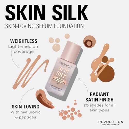 Makeup Revolution, Skin Silk Serum Foundation, Light to Medium Coverage, Contains Hyaluronic Acid, F2, 23ml