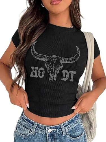 Tewmeu Cowgirl Outfits for Women Crop Tops for Teen Girl Y2k Clothes Cowboy Country Concert Graphic Tee Tops Black