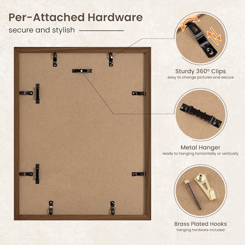 Image of FLYJOE 11x14 Oak Wood Picture Frame with Mat for 8x10, 11 by 14 USA-Sourced Natural Solid Wooden Photo Frame for Wall Display, Shatterproof Plexiglass, Hanging Hardware Included, Walnut Color