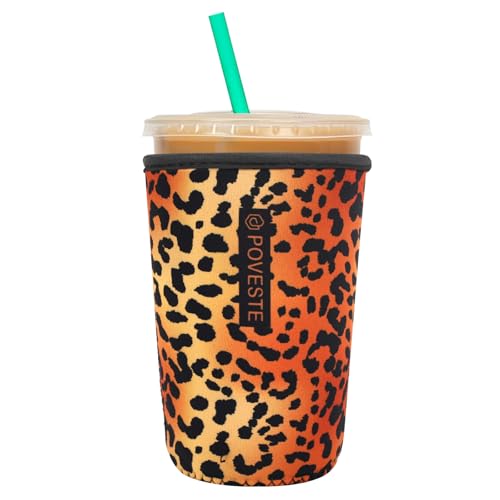 Reusable Neoprene Insulator Sleeve for Iced Coffee & Cold Soda, Coffee Sleeves for Iced & Hot Drinks, Cold Beverage Cooler Compatible with Starbucks, Dunkin (Leopard Walk, Medium: 22-24oz)