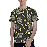 T shirt tendance pour homme avec raquettes de tennis et balles de tennis, parfait pour les occasions décontractées et semi formelles, Noir , M