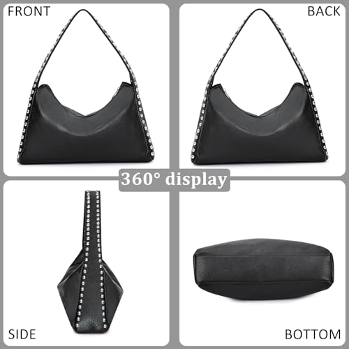 Image of Shoulder Purse,Punk Studded Purse Western Solid Vintage Underarm Bag Tote Bag, Handbag with Zipper Closure for Women (Black-sliver)