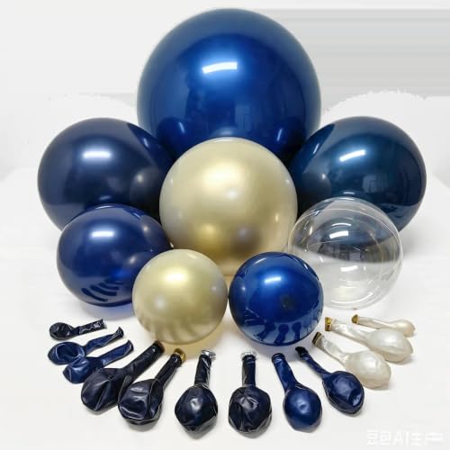 Image of Royal Blue Gold Balloon Arch Double Stuffed Latex Bobo Pearl Gold Balloon Garland Navy Ruby Blue Balloons for Birthday Baby Shower Graduation Wedding Prom Business Opening Party Decor