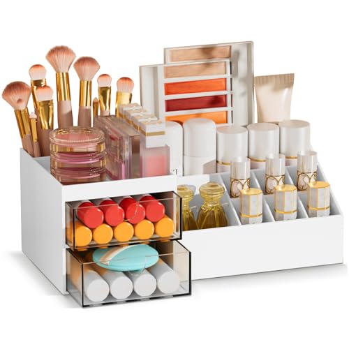 Subsky Makeup Organizer with Drawers, Easy Storage for Beauty Products Brushes, Multifunction Plastic Desk Organizer, Cosmetics Organizer for Countertop Dresser Vanity and Bathroom (White)