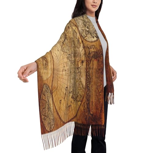 Vintage World Map Women Pashmina Scarf Large Retro Education Map Shawl Wrap Soft Scarves with Fringes