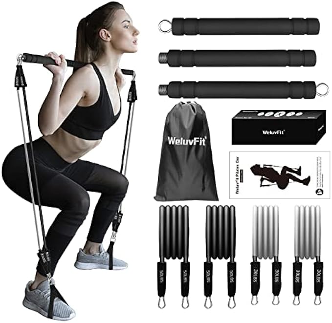 Pilates Bar Kit with Resistance Bands, WeluvFit Exercise Fitness Equipment for Women & Men, Home Gym Workouts Stainless Steel Stick Squat Yoga Pilates Flexbands Kit for Full Body Shaping