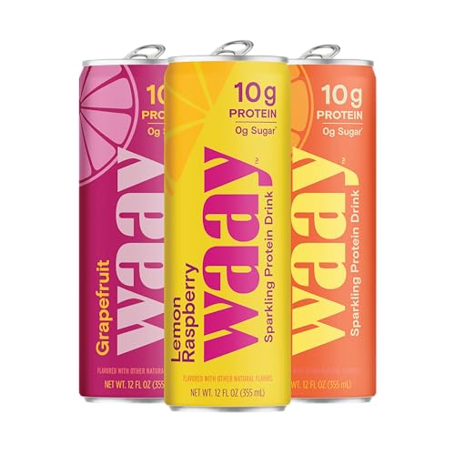 WAAY Sparkling Clear Protein Drink, Variety Pack, 12 fl oz Can, 10g Protein, 0g Sugar, 45 Calories (12 Pack)