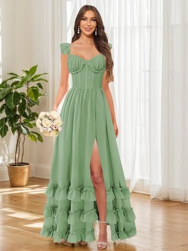 MAGGCIF Flutter Sleeve Bridesmaid Dresses for Women with Slit Ruffles Chiffon A Line Long Formal Wedding Guest Dress3