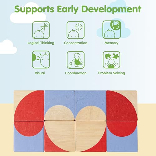 Image of PlanToys Wooden Geo Pattern Cubes | Montessori Puzzle Toy for Problem Solving, Logical Thinking and Visual Skills | STEM Learning Blocks with Numbers and Patterns | Eco Friendly Educational Toy