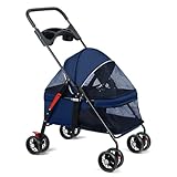 Talent Star Dog Cat Stroller, 4 Wheels Outdoor Travel Pet Foldable Stroller, Dog Cat Cage Stroller with Cup Holder, Breathable and Visible Mesh for Small Dog Blue